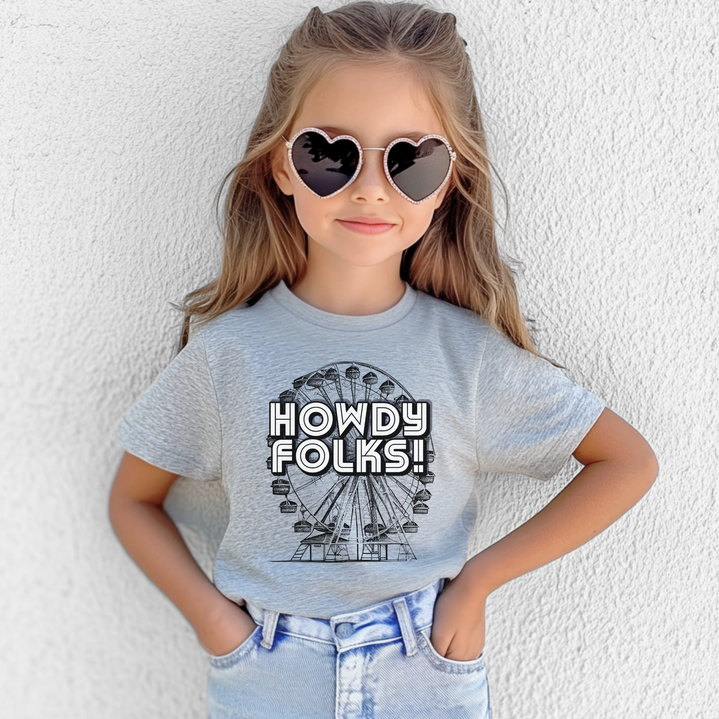 Image: state fair t shirt featuring Howdy Folks with a vintage ferris wheel. Designed for fair lovers and carnival fans, this shirt captures the excitement of state and county fairs. Available in five colors and both adult and child sizes, making it great for family or group outfits. Perfect for fair trips, livestock shows, and amusement parks. A fun choice for birthdays or summer festivals, especially for Big Tex fans, by jaecrece.