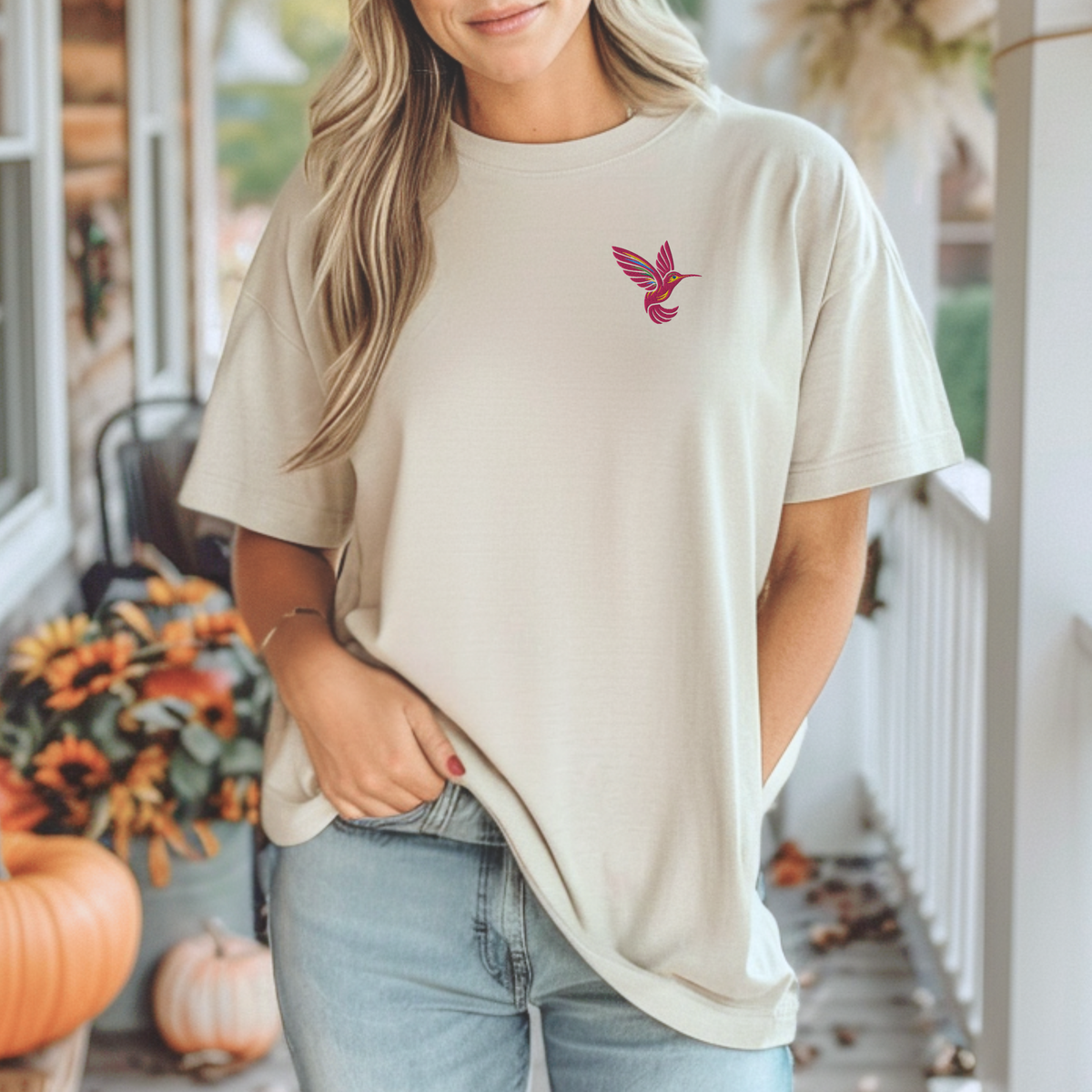 Hummingbird embroidered shirt for women with a delicate pink hummingbird on the left chest, a charming nature shirt for gardening, farmers markets, botanical gardens, outdoor adventures and everyday wear, available in sizes XS through 5XL including extended sizes