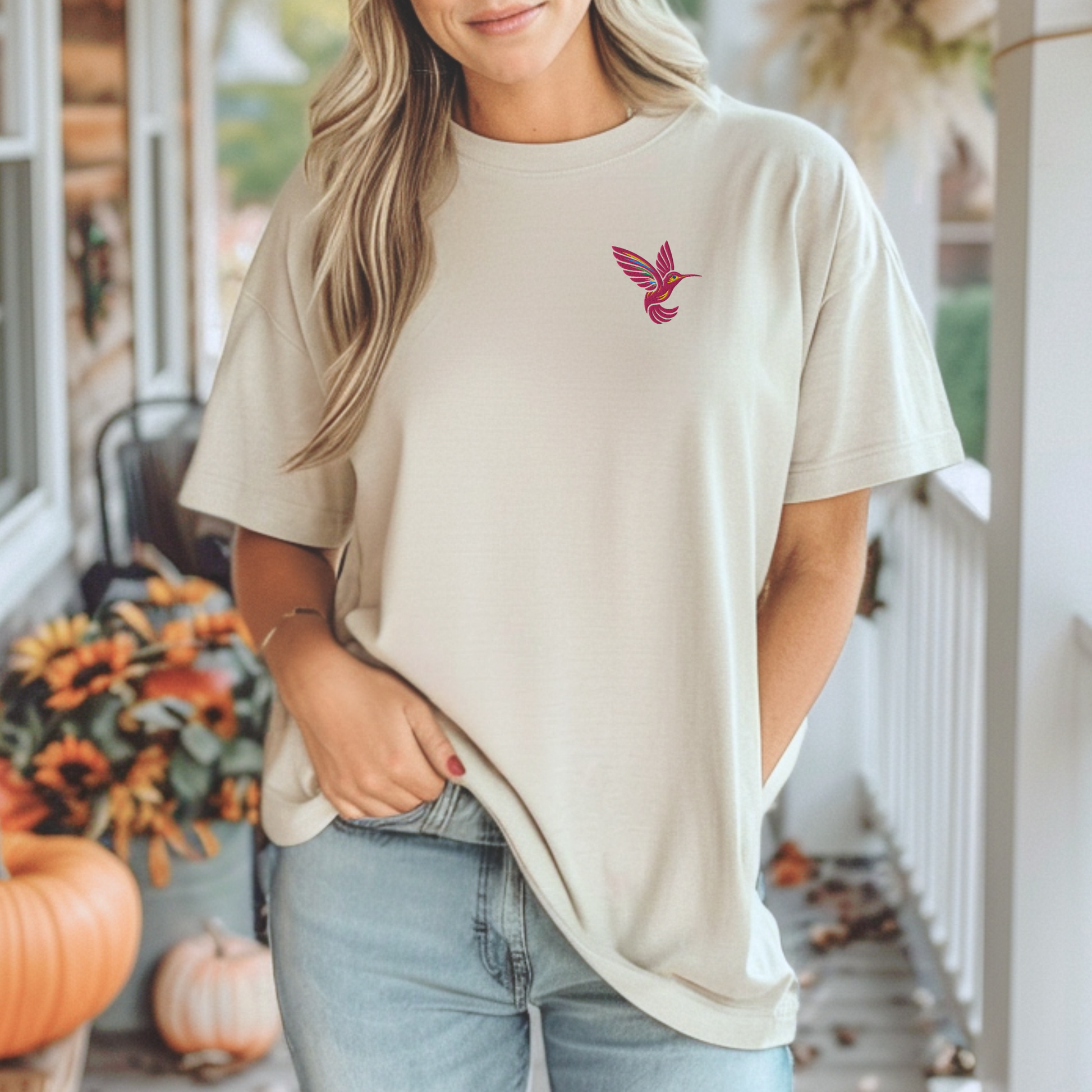Hummingbird embroidered shirt for women with a delicate pink hummingbird on the left chest, a charming nature shirt for gardening, farmers markets, botanical gardens, outdoor adventures and everyday wear, available in sizes XS through 5XL including extended sizes