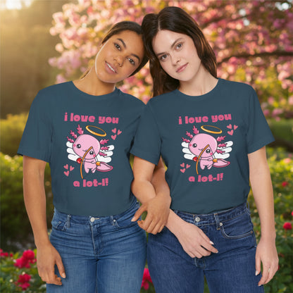 Two women wearing matching Deep Teal Bella Canvas 3001 tshirts outdoors featuring the I Love You A Lot L Axolotl Cupid design with a cute axolotl cupid and playful heart details. Soft unisex graphic tees shown in adult extended sizes XS to 5XL for an inclusive fit and comfortable everyday wear. Rich deep teal color stands out beautifully in natural light. Fun matching shirts for best friends, sisters, moms, girlfriends, Valentine outings, casual weekends, vacations, photo moments, or gifting.