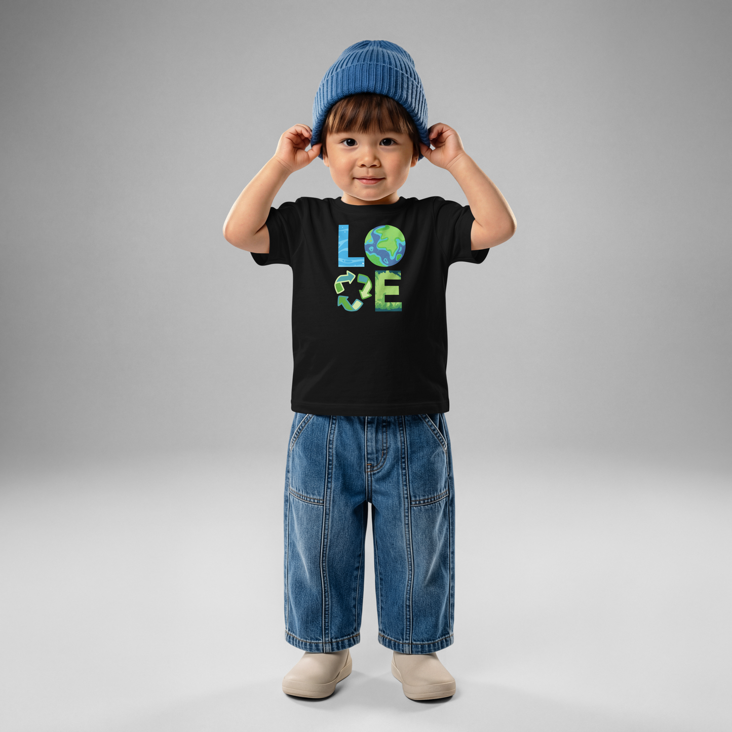 Infant toddler Earth Day tee with symbolic LOVE graphic representing oceans, planet Earth, recycling, and nature