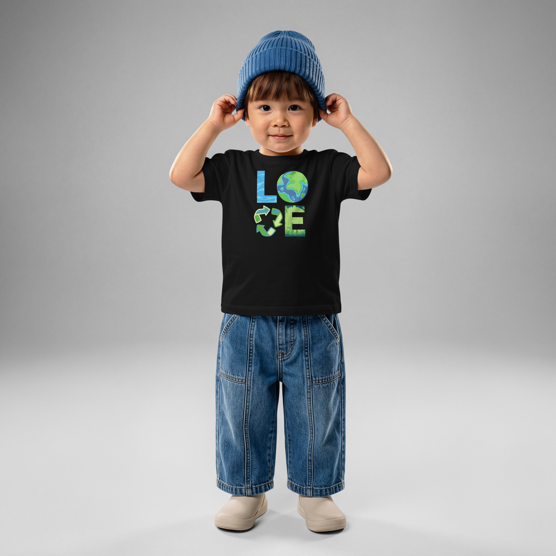 Infant toddler Earth Day tee with symbolic LOVE graphic representing oceans, planet Earth, recycling, and nature