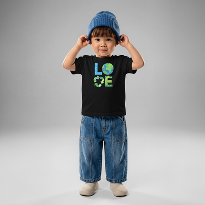 Infant toddler Earth Day tee with symbolic LOVE graphic representing oceans, planet Earth, recycling, and nature