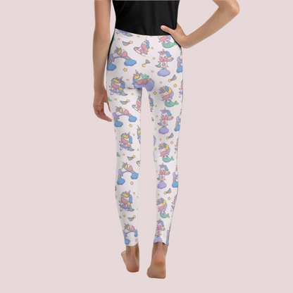 Tween girls leggings featuring a kawaii mermaid unicorn design with rainbows, stars, and clouds on a soft pink background, high waist fit and full length style that reaches the ankle, made with stretchy microfiber fabric for comfortable all day wear, perfect for school outfits, dance class, or casual play, whimsical fantasy inspired clothing for tweens who love colorful and playful fashion, easy to pair with tees or hoodies for everyday outfits
