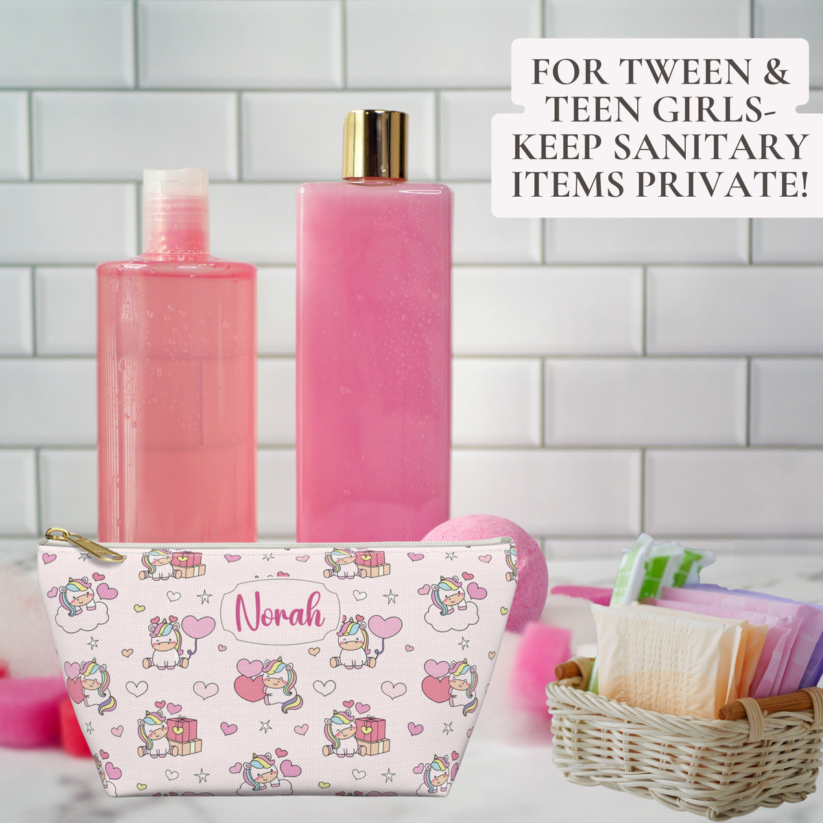 A personalized unicorn zipper pouch is shown filled with sanitary pads and period supplies, offering a cute and practical way for girls and tweens to keep personal essentials organized. The pastel rainbow design has a whimsical cutecore feel with colorful unicorns and hearts, making this pouch a fun period care bag for school, sleepovers, travel or everyday use.
