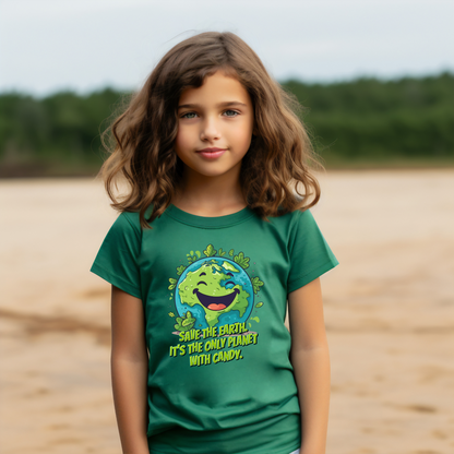 Kids Earth Day T shirt featuring a happy smiling planet Earth, leafy nature accents and funny Save Earth It’s the only planet with candy message, youth environmental shirt