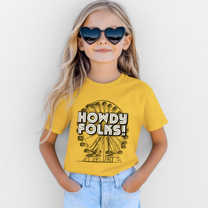 Kids State Fair shirt featuring a vintage Ferris wheel and large HOWDY FOLKS lettering with a nostalgic carnival inspired look. This youth graphic tee is made for little fair fans heading to the State Fair of Texas, county fairs, festivals, and family outings. A fun choice for fair day outfits and family photos, with a coordinating adult Howdy Folks shirt available for matching looks.