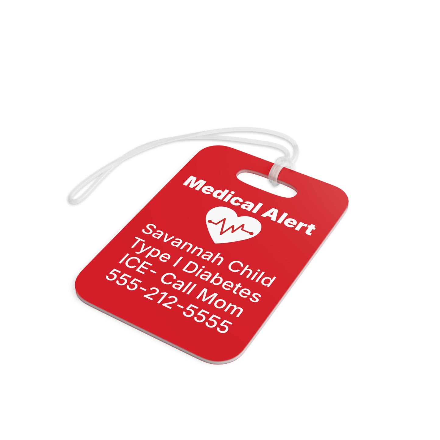 Personalized medical alert tag attach to luggage for travel and everyday use. Custom emergency ID bag tag helps keep important medical information visible for children and adults managing allergies, diabetes, asthma, medications, and chronic conditions.