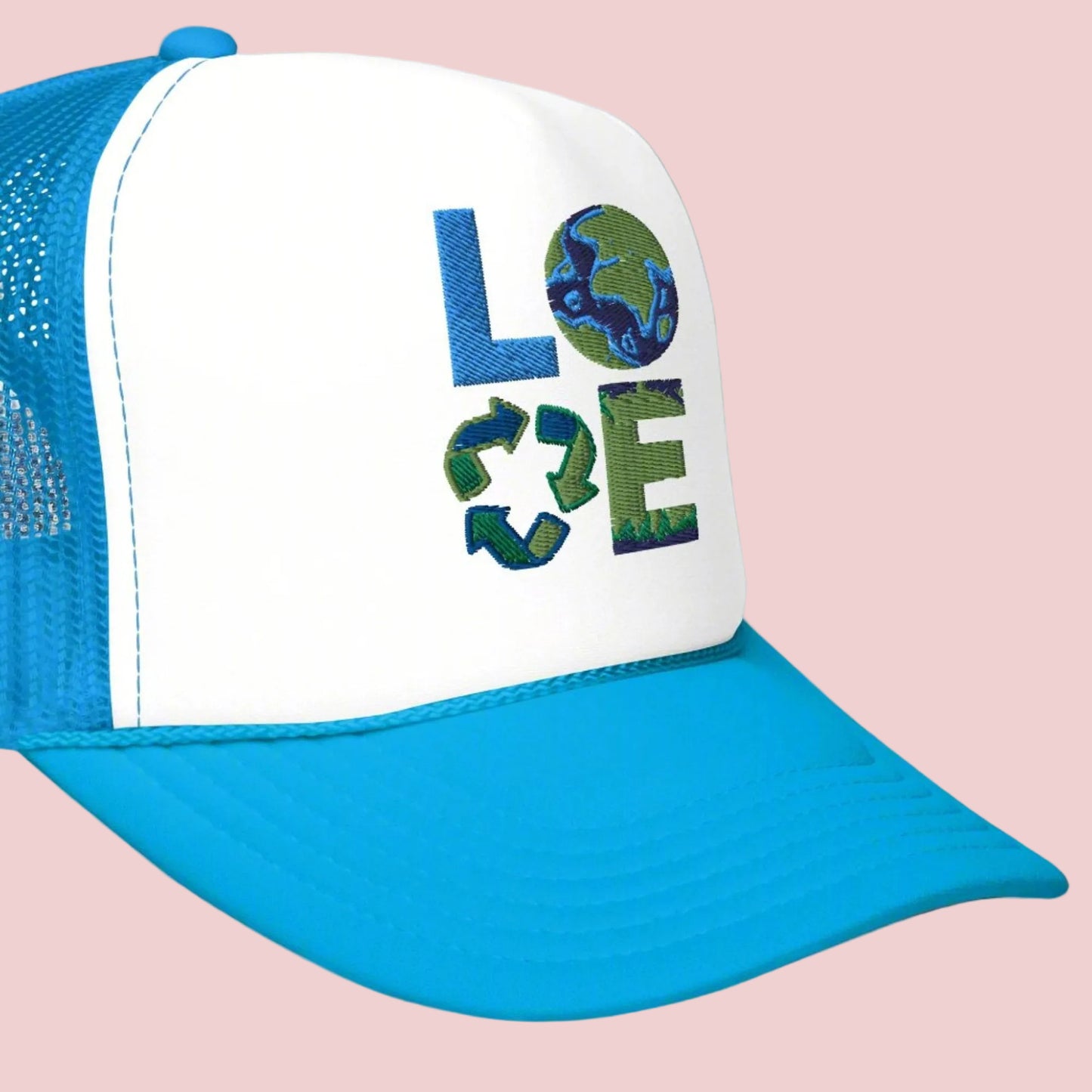 LOVE Earth Day Foam Trucker Hat, which features the letters L-O-V-E in large embroidered block letters in shades of blue and green. The hat is teal and white. The letters each represent water, earth, recycling and nature. by jaecrece.com