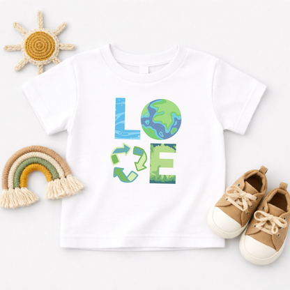 LOVE Earth Day baby shirt featuring ocean waves L, globe Earth O, recycling arrows V, and nature inspired E design