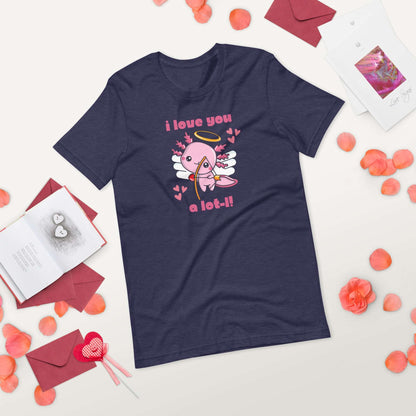 Adorable women’s axolotl Valentine’s Day shirt printed on Bella Canvas 3001 in sizes XS–XL. Featuring a pink cupid axolotl with playful heart details and the punny phrase “I Love You A Lot-L,” this graphic tee makes a sweet gift for animal lovers, girlfriends, and wives. Perfect for teachers or moms who want a fun Valentine’s Day outfit. Comfortable, lightweight, and charming, this axolotl shirt adds a quirky, romantic touch to any look.
