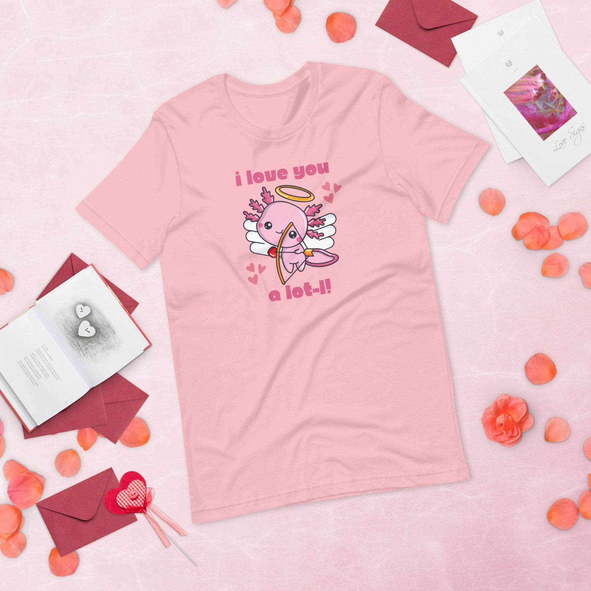 This women’s “I Love You A Lot-L” axolotl Valentine’s shirt features a kawaii pink cupid axolotl surrounded by hearts. Printed on Bella Canvas 3001 for comfort and style, this XS–XL graphic tee is ideal for animal lovers, teachers, and women looking for a quirky Valentine’s outfit. A unique gift for girlfriends, wives, or axolotl fans who love fun and punny shirts. Perfect for classroom celebrations, date night, or casual everyday wear.