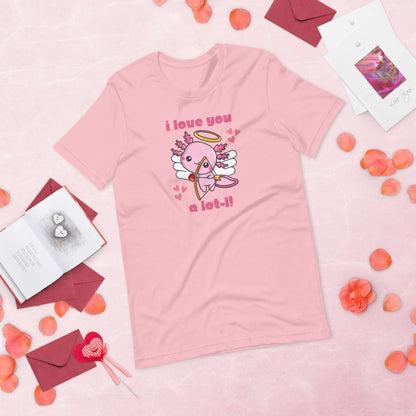 This women’s “I Love You A Lot-L” axolotl Valentine’s shirt features a kawaii pink cupid axolotl surrounded by hearts. Printed on Bella Canvas 3001 for comfort and style, this XS–XL graphic tee is ideal for animal lovers, teachers, and women looking for a quirky Valentine’s outfit. A unique gift for girlfriends, wives, or axolotl fans who love fun and punny shirts. Perfect for classroom celebrations, date night, or casual everyday wear.