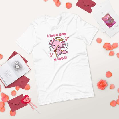 Playful women’s axolotl graphic tee featuring a pink cupid axolotl with hearts and the phrase “I Love You A Lot-L.” Made with Bella Canvas 3001, this soft and flattering shirt comes in sizes XS–XL. Perfect for animal lovers, teachers, and quirky Valentine’s Day outfits. A thoughtful gift for girlfriends, wives, or moms who enjoy cute fashion and axolotl-themed designs. Great for classroom celebrations, Valentine parties, or casual outings.