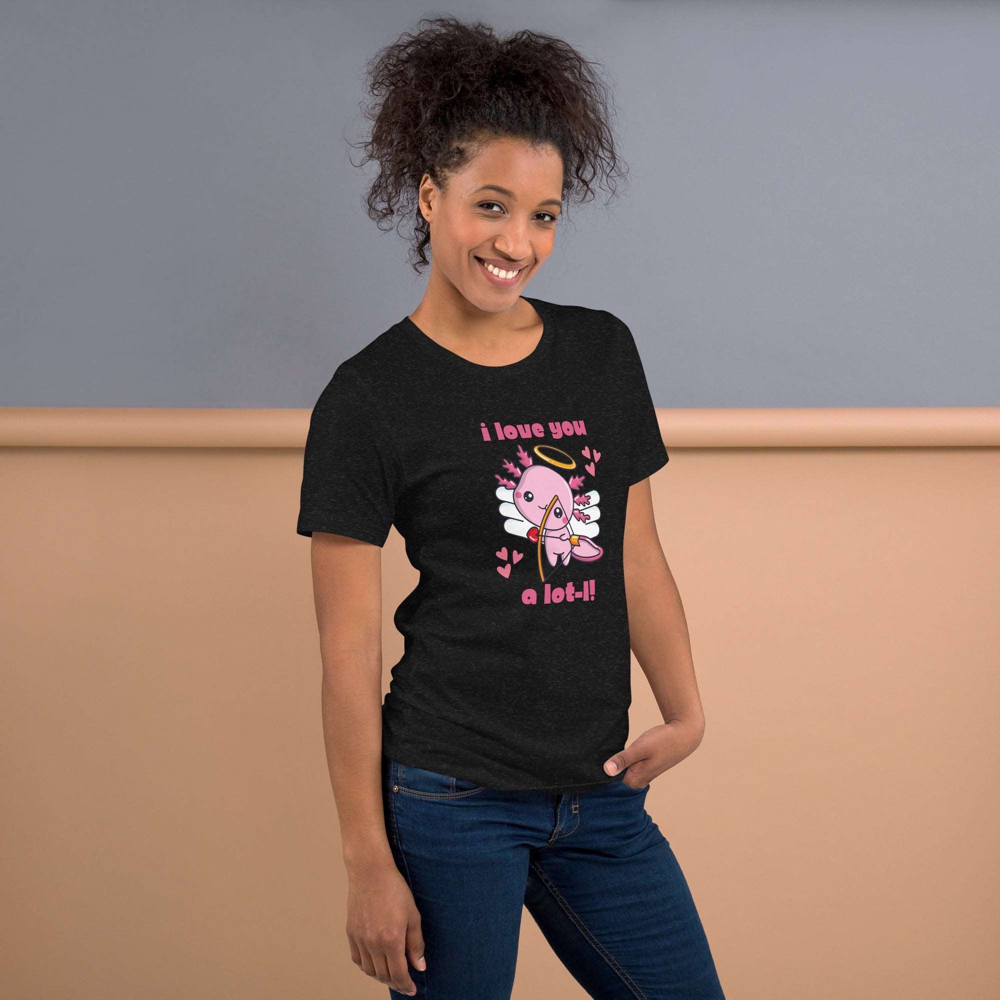 Women’s Valentine’s Day graphic tee featuring a kawaii pink axolotl cupid surrounded by hearts with the phrase “I Love You A Lot-L.” Printed on Bella Canvas 3001, this shirt is soft, durable, and available in XS–XL. Perfect for quirky Valentine’s outfits, classroom wear for teachers, or casual date nights. A thoughtful Valentine’s gift for animal lovers, girlfriends, wives, or moms who enjoy fun graphic shirts and playful axolotl fashion.