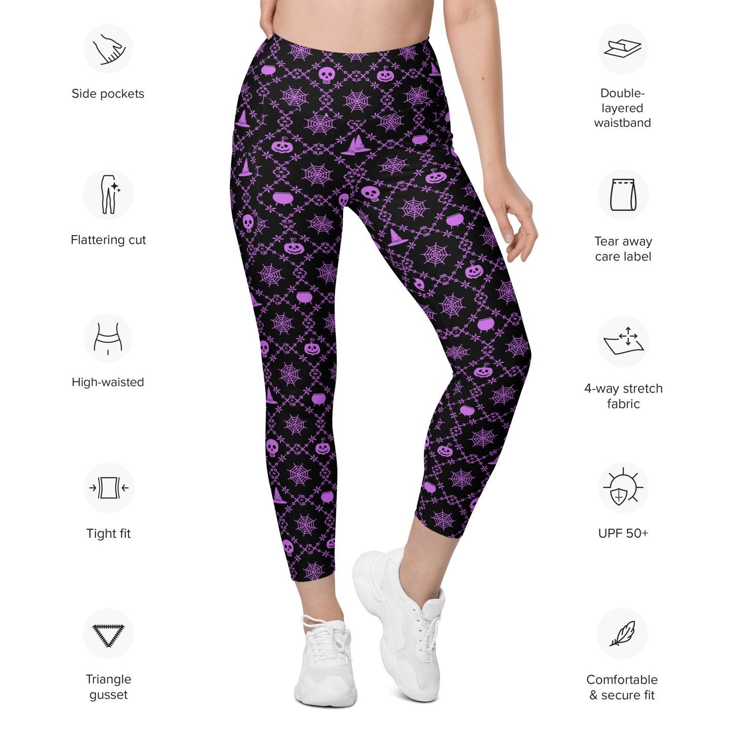 Wickedly Cute Women's Halloween Leggings with Pockets feature high-waisted tight fit, soft stretchy fabric, and functional side pockets for essentials. Size-inclusive 2XS–6XL with matching toddler sizes 2T–7 makes them perfect for family matching outfits. Festive pumpkin, skull, and spooky Halloween prints ideal for trick-or-treating, fall festivals, cozy nights at home, plus-size women's leggings, seasonal fashion, Halloween wardrobe, festive apparel, and eco-conscious made-to-order leggings for women seek