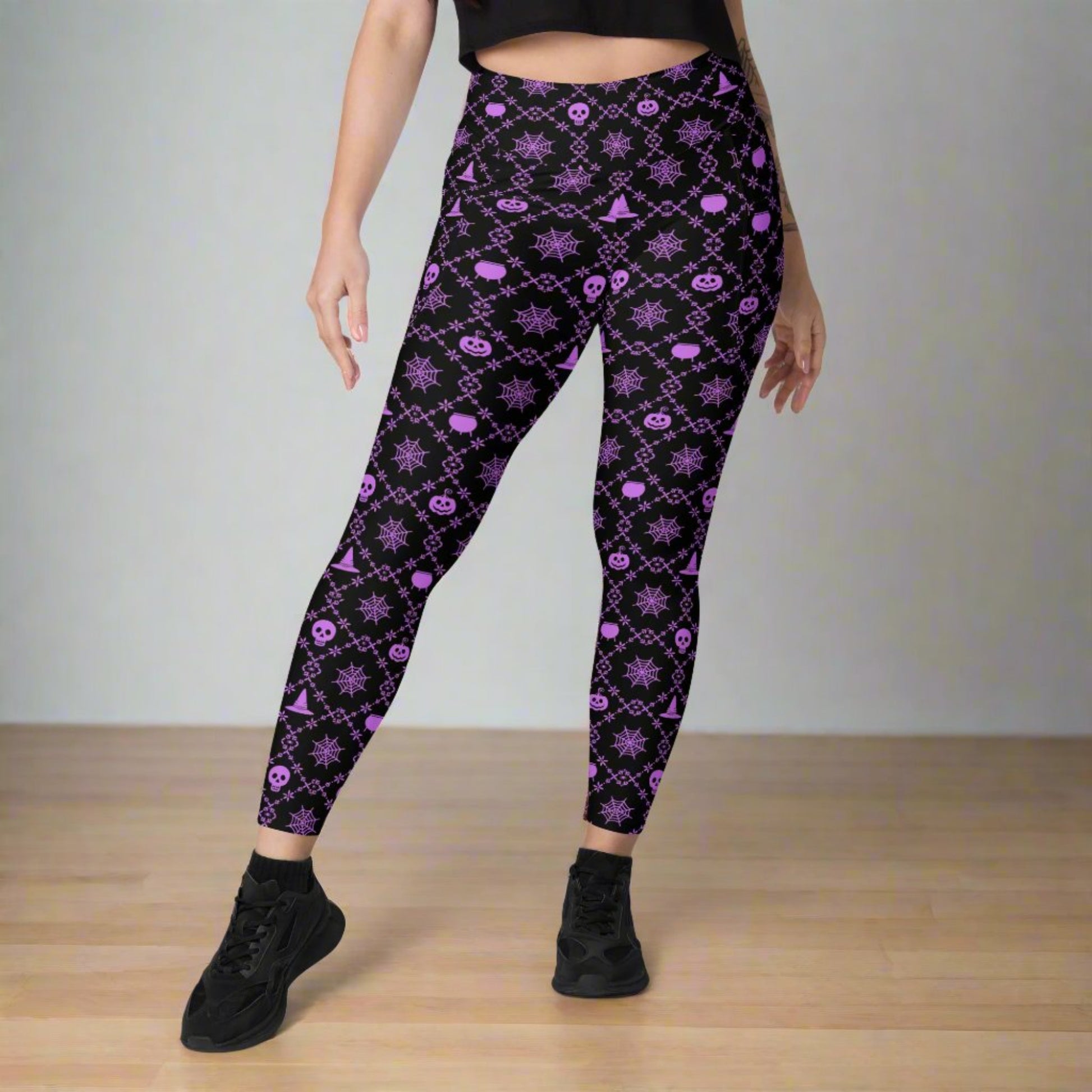 Wickedly Cute Women's Halloween Leggings with Pockets feature playful pumpkins, skulls, and spooky designs, made from soft stretchy fabric with mild compression. High-waisted tight fit and functional side pockets make them perfect for trick-or-treating, fall festivals, cozy nights, plus-size women, size-inclusive 2XS–6XL, and matching toddler sizes 2T–7. Perfect for family matching outfits, Halloween fashion, festive apparel, seasonal leggings, and eco-conscious made-to-order clothing.