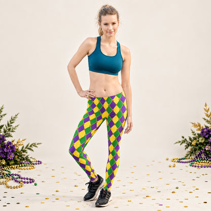 image: harlequin diamond or checkerboard pattern leggings in purple, green and gold, with a repeating Fleur de Lis pattern, by jaecrece
Mardi Gras Leggings, Fat Tuesday Tights, Women Parade Outfit, Yoga Workout Pants, Mommy Me Match, New Orleans NOLA Costume