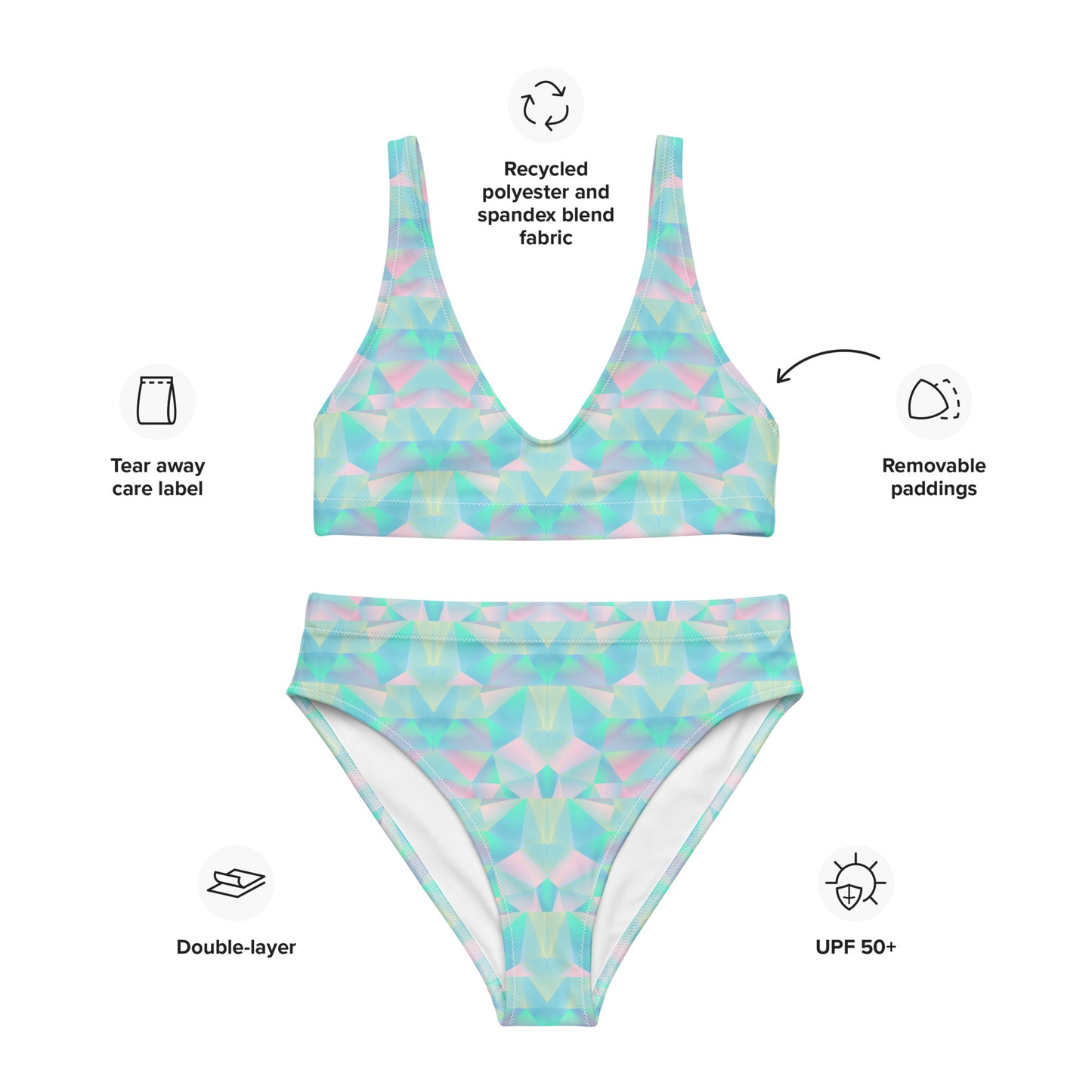 Image: A striking two piece bikini with a high waisted fit and a unique pastel prism print in shades of teal, blue, and pink. The geometric design adds a playful yet sophisticated touch, while the recycled fabric offers an environmentally friendly swimwear option. Whether relaxing on the beach or enjoying a summer getaway, this swimsuit is designed to turn heads while being kind to the planet, by jaecrece.
