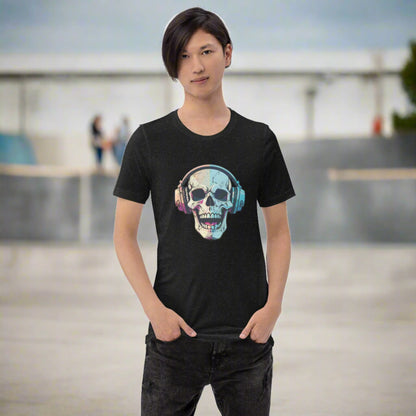 Gothic black t-shirt with a detailed graphic of a skull wearing headphones and laughing, perfect for horror fans and Halloween lovers. This unisex tee is made from soft cotton with a pre-shrunk fit, and it’s available in sizes XS to 5XL. A great gift for music lovers who enjoy a spooky aesthetic or anyone who likes mixing eerie humor with everyday outfits.