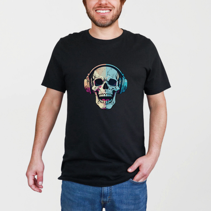 Man wearing a black unisex “Spooky Sounds” graphic t-shirt featuring a colorful laughing skull with headphones printed on the front. The bold design blends gothic, edgy streetwear with a music-inspired aesthetic, making it ideal for concerts, festivals, Halloween outfits, or everyday casual wear. Made from soft breathable cotton with a relaxed fit for all-day comfort. black skull graphic tee, Halloween music shirt, gothic t-shirt, skull headphones shirt, alternative streetwear clothing.