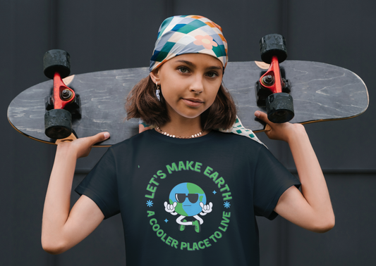 Image: Unisex Youth Tshirt featuring a vibrant global warming cartoon of a sunglass wearing Earth-green continents, blue oceans, and the slogan 'Let's Make Earth A Cooler Place to Live' printed on a black background. The back of the shirt is blank.