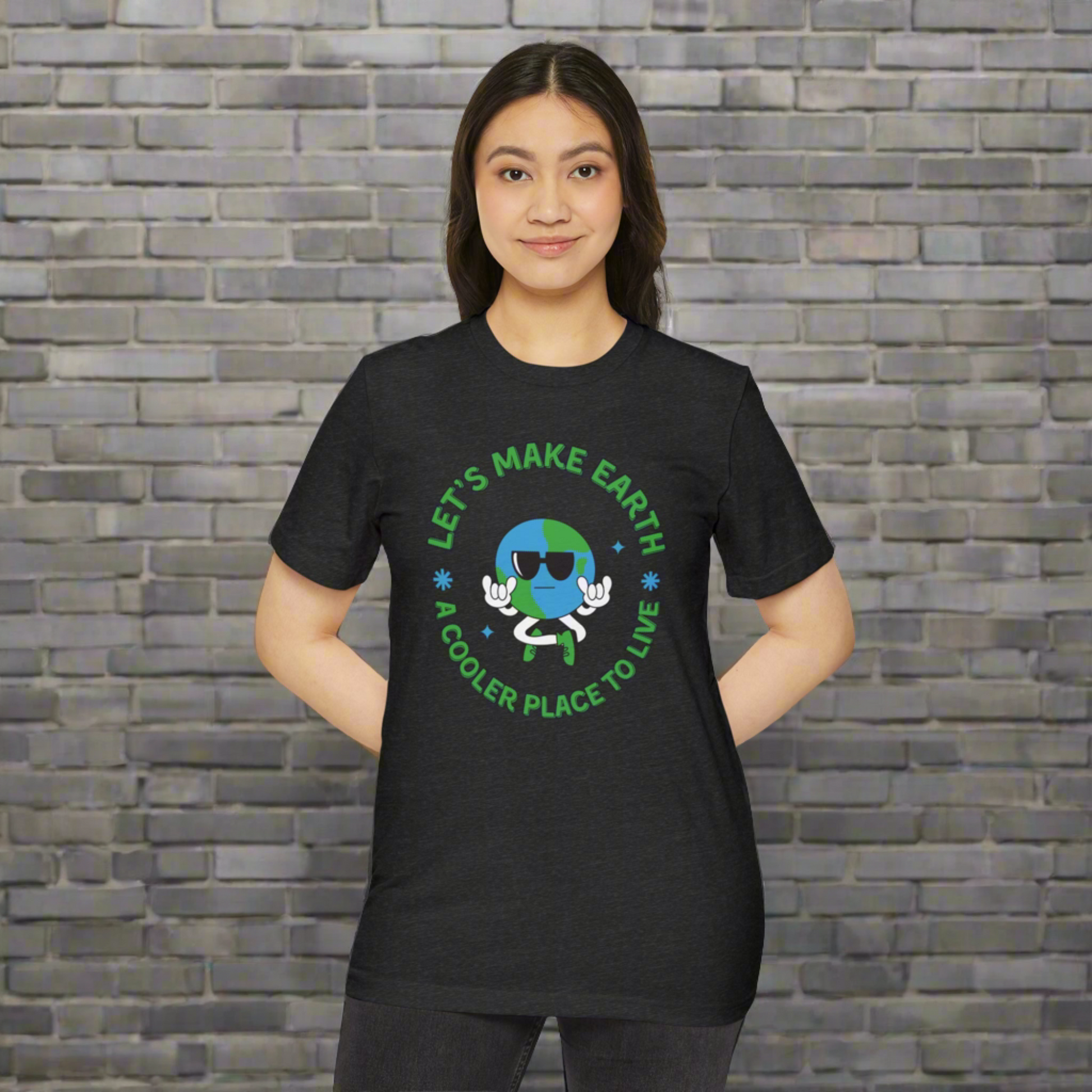 Lifestyle image of the "Let's Make Earth a Cooler Place to Live" adult t shirt in multiple colors, showcasing recycled organic cotton blend, unisex relaxed fit, lightweight fabric, and eco friendly style for everyday wear, eco events, and sustainable fashion enthusiasts.