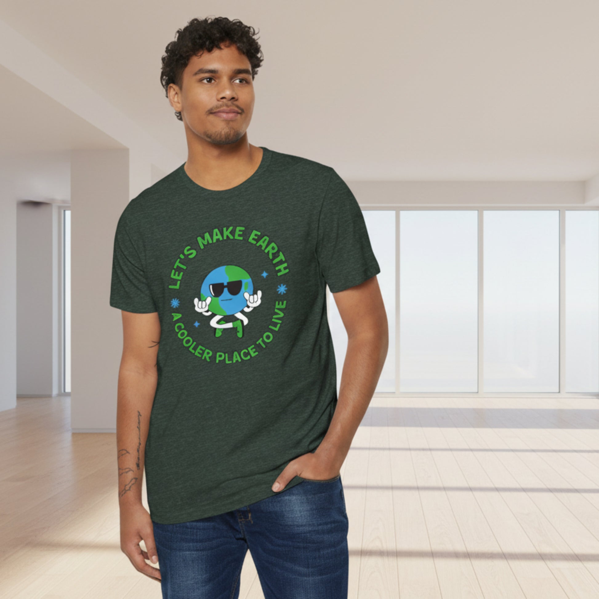 Front view of adult recycled organic t shirt reading "Let's Make Earth a Cooler Place to Live," highlighting soft, lightweight fabric, unisex fit, and eco conscious style ideal for casual wear, environmental rallies, and sustainable fashion.