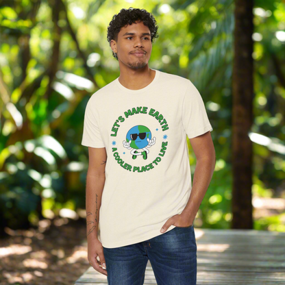 Front view of the "Let's Make Earth a Cooler Place to Live" adult recycled organic t shirt in multiple colors, showing eco friendly unisex style for sustainable fashion and Earth advocates, made from recycled organic cotton and polyester for a smooth, lightweight fabric perfect for casual wear or environmental events.