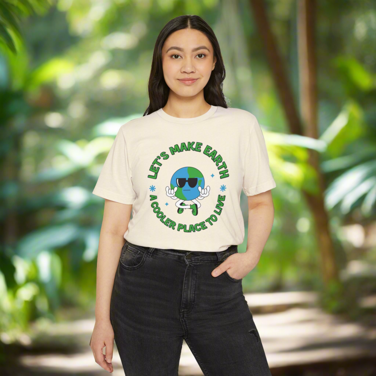 Model wearing the "Let's Make Earth a Cooler Place to Live" adult t shirt in multiple colors, showing recycled organic cotton and polyester fabric, unisex relaxed fit, and eco conscious design perfect for casual outings, sustainable fashion, and environmental awareness.