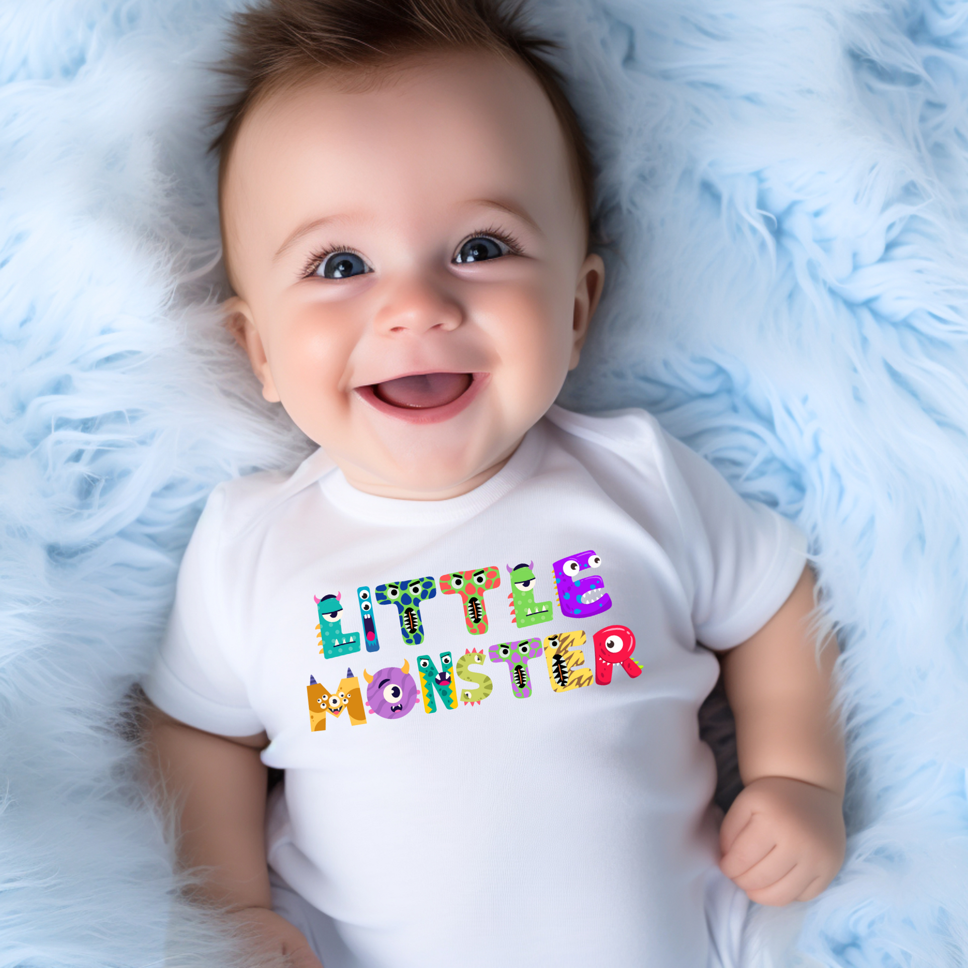 Baby onesie available in black or white. Features the words Little Monster, and each letter is in the shape of a cute cartoon monster, by jaecrece