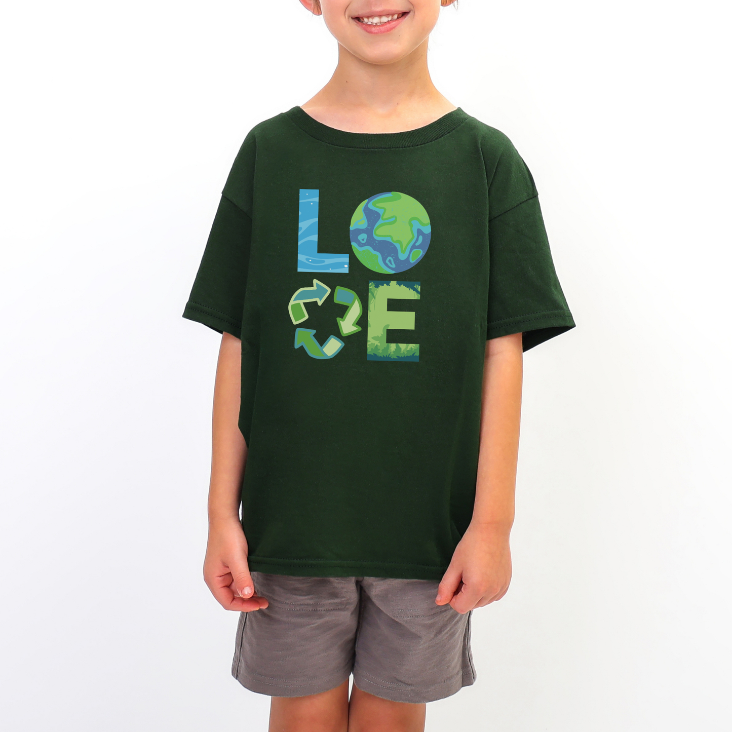 Earth Day kids shirt for boys and girls featuring a colorful LOVE design, with each letter representing caring for the planet through clean water, plants and nature, and reduce reuse recycle. Fun environmental graphic tee for Earth Day celebrations, school events, classroom activities, nature lovers and eco conscious kids.