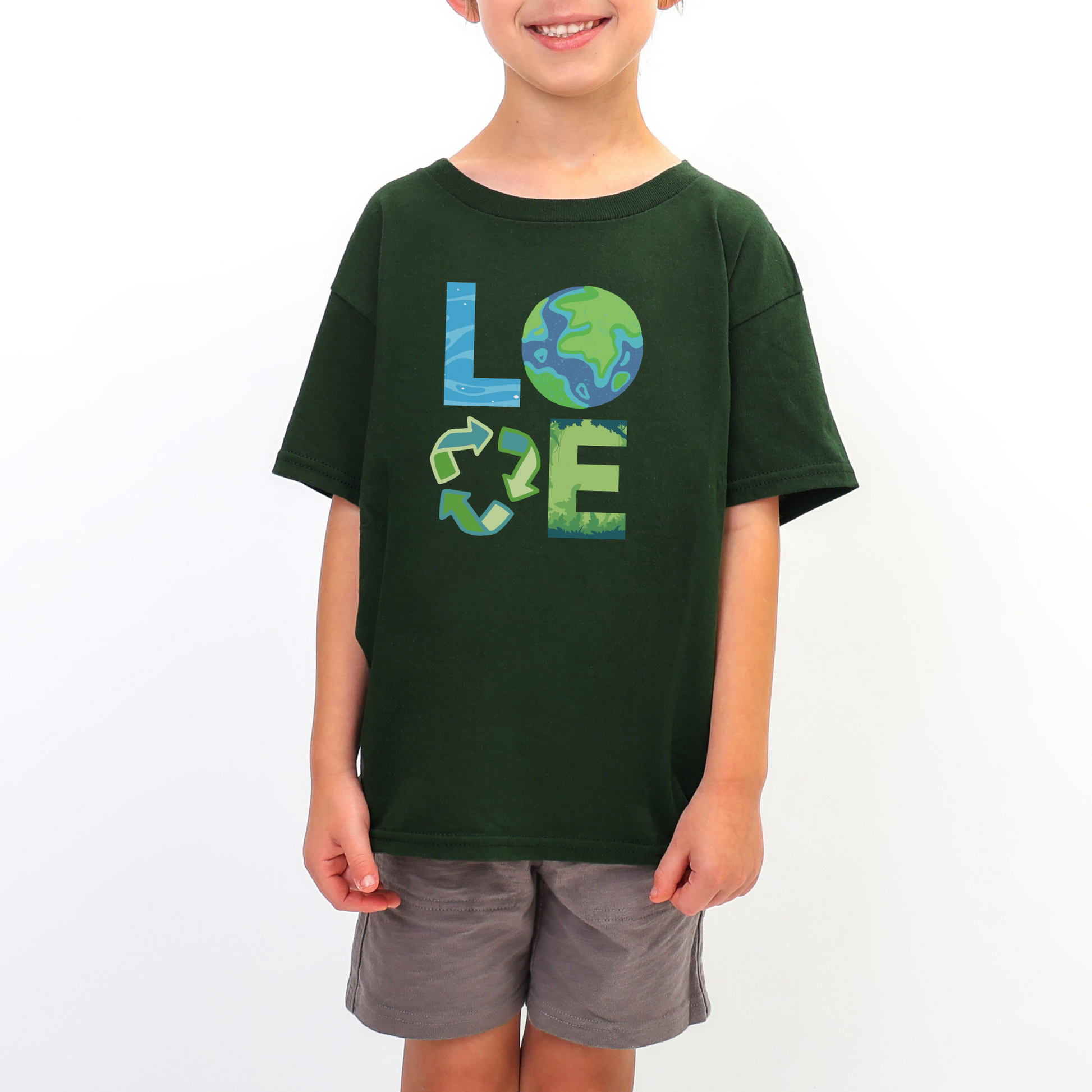 Earth Day kids shirt for boys and girls featuring a colorful LOVE design, with each letter representing caring for the planet through clean water, plants and nature, and reduce reuse recycle. Fun environmental graphic tee for Earth Day celebrations, school events, classroom activities, nature lovers and eco conscious kids.