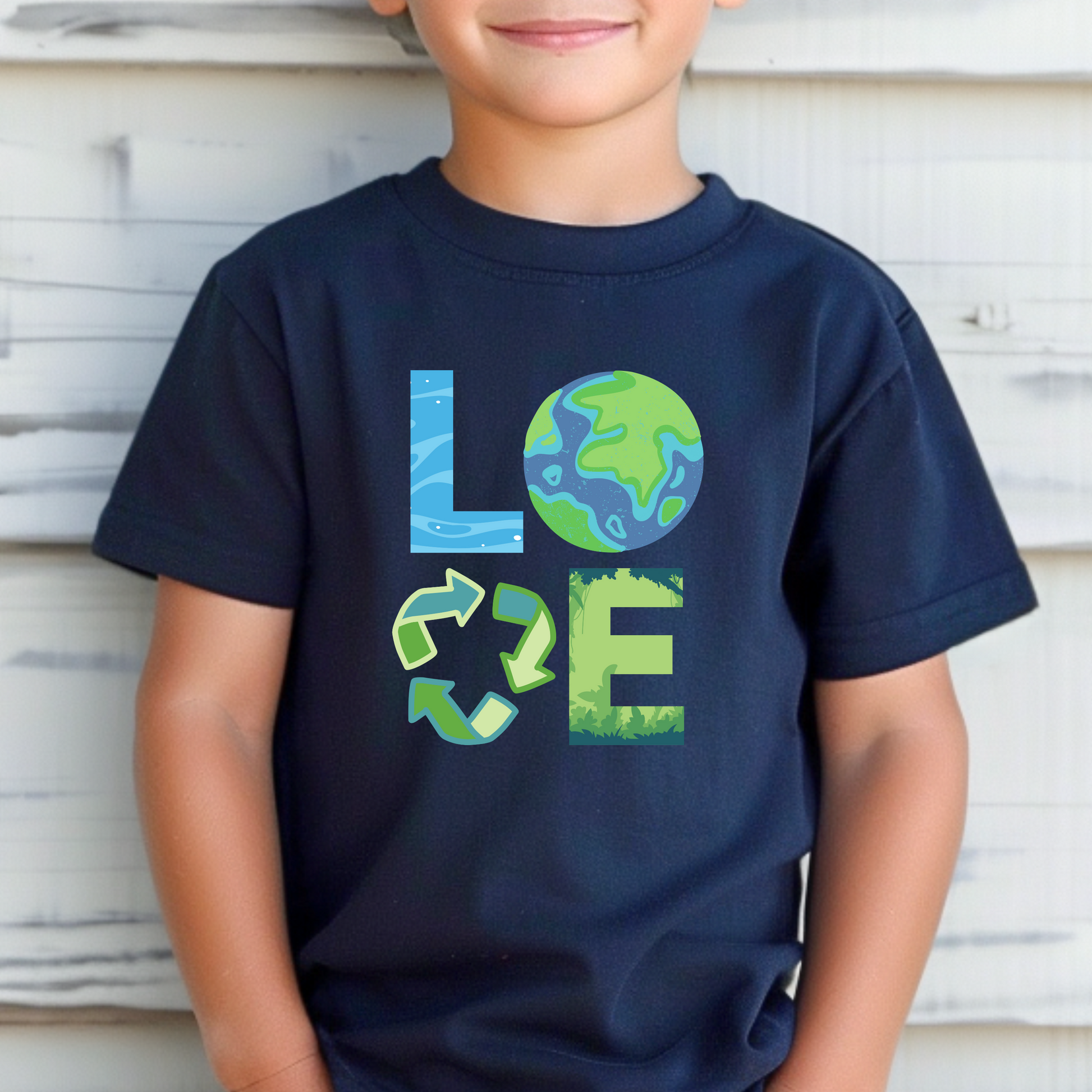 Image: A Love Earth Day shirt designed for babies and toddlers, featuring bold letters that each symbolize an element of nature. The L resembles flowing water, the O is designed as the Earth, the V represents the reduce reuse recycle symbol, and the E is shaped like plants and trees. This eco friendly tee is perfect for Earth Day celebrations, environmental events, and spreading awareness about sustainability and conservation, by jaecrece.