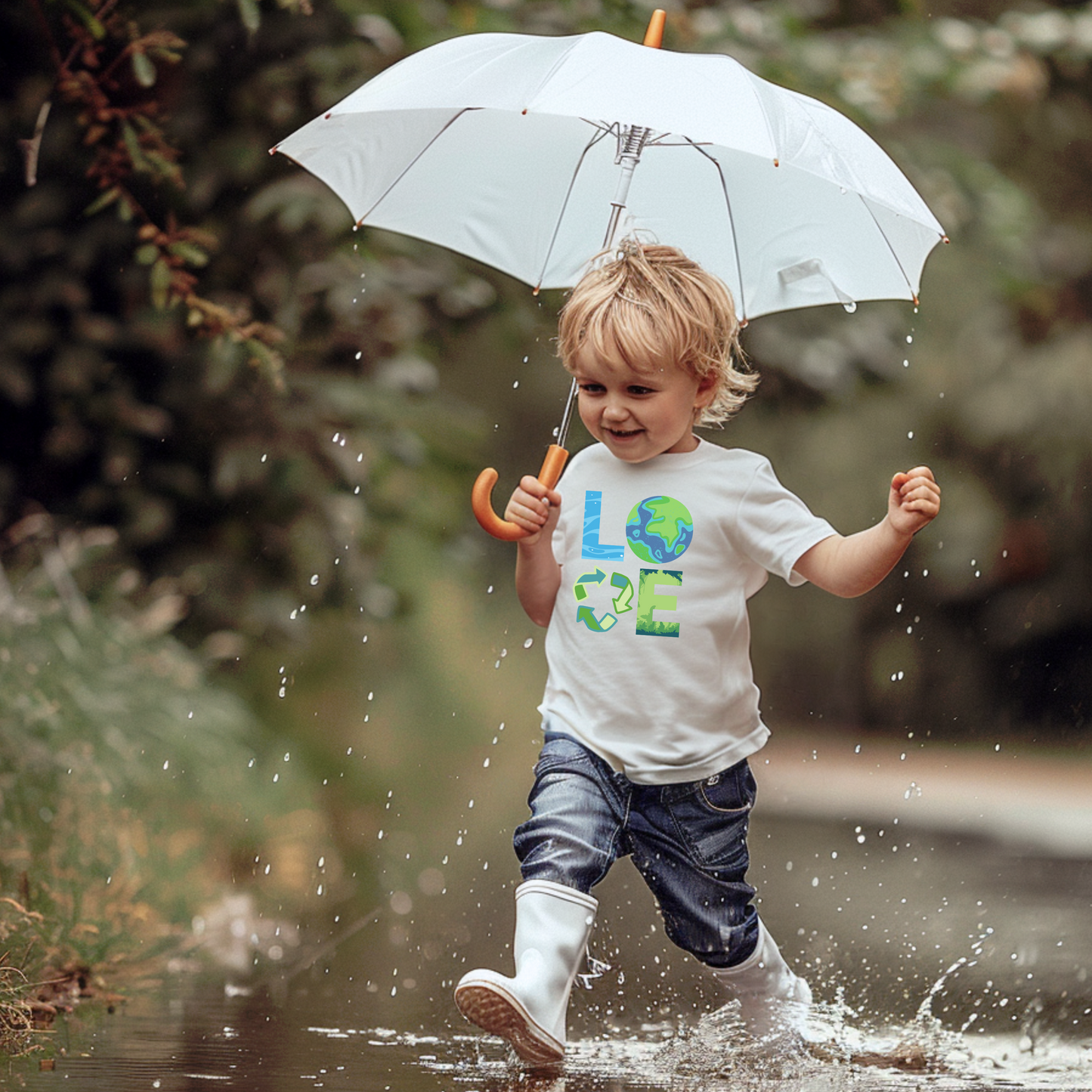 Image: A Love Earth Day shirt designed for babies and toddlers, featuring bold letters that each symbolize an element of nature. The L resembles flowing water, the O is designed as the Earth, the V represents the reduce reuse recycle symbol, and the E is shaped like plants and trees. This eco friendly tee is perfect for Earth Day celebrations, environmental events, and spreading awareness about sustainability and conservation, by jaecrece.