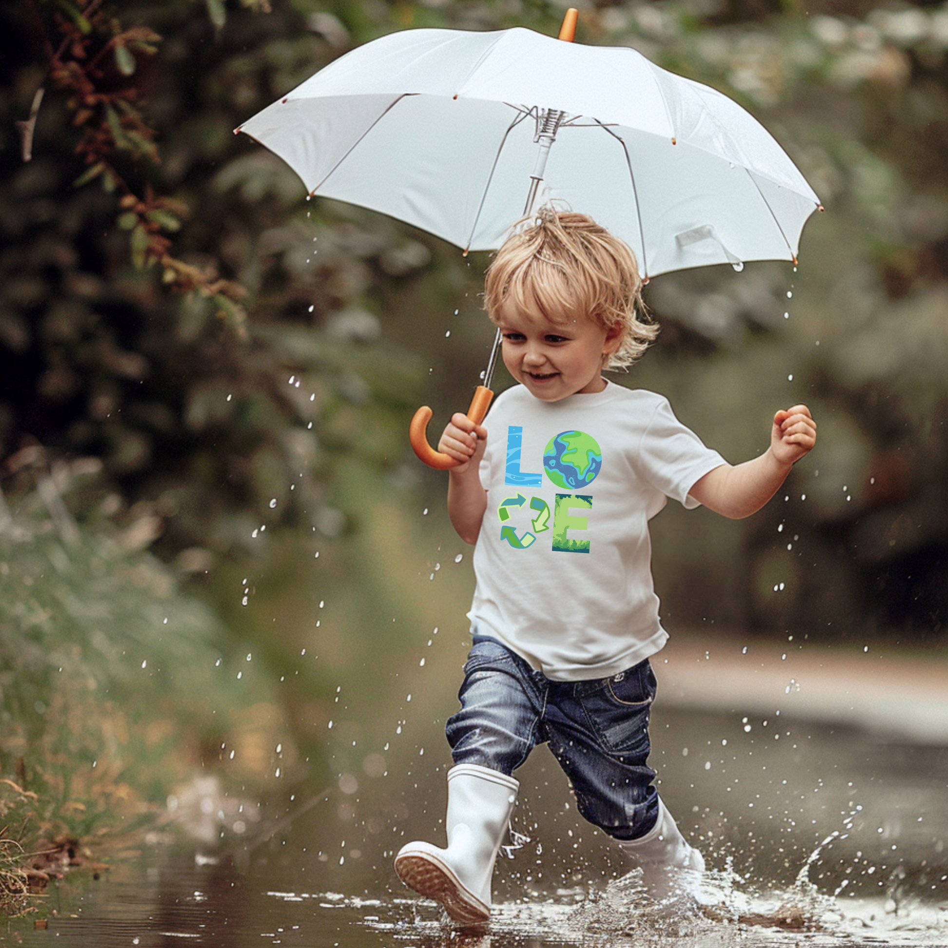 Image: A Love Earth Day shirt designed for babies and toddlers, featuring bold letters that each symbolize an element of nature. The L resembles flowing water, the O is designed as the Earth, the V represents the reduce reuse recycle symbol, and the E is shaped like plants and trees. This eco friendly tee is perfect for Earth Day celebrations, environmental events, and spreading awareness about sustainability and conservation, by jaecrece.