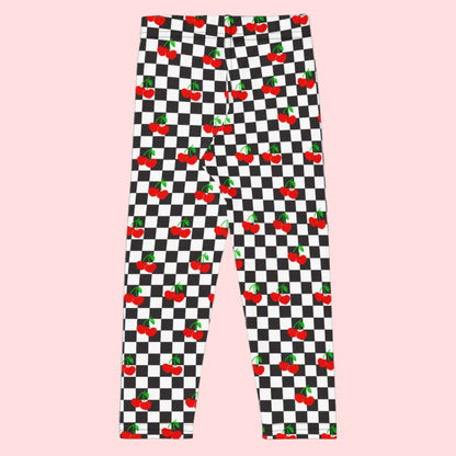 Love You CHERRY Much Child Leggings, Size 2T-7, with a black and white checkerboard cherry pattern. These  - jaecrece These toddler leggings are great for back to school or as a birthday or christmas gift!