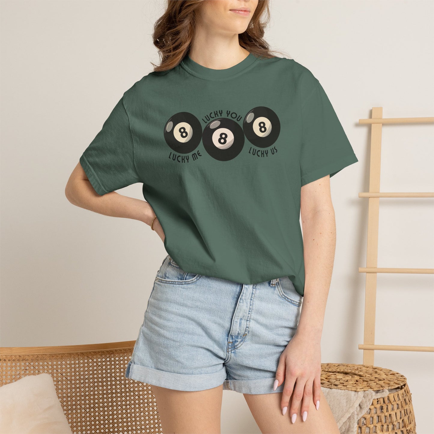 Lucky Me Lucky You Lucky Us retro graphic shirt printed on Comfort Colors Blue Spruce tee. Design features three billiards style 8 balls with playful curved lettering for a nostalgic statement look. Soft heavyweight cotton with relaxed fit for everyday comfort. Popular couples gift shirt for engagement parties, honeymoons, matching vacation outfits, anniversaries, date nights, and trendy streetwear style. Garment dyed tee with premium boutique feel.
