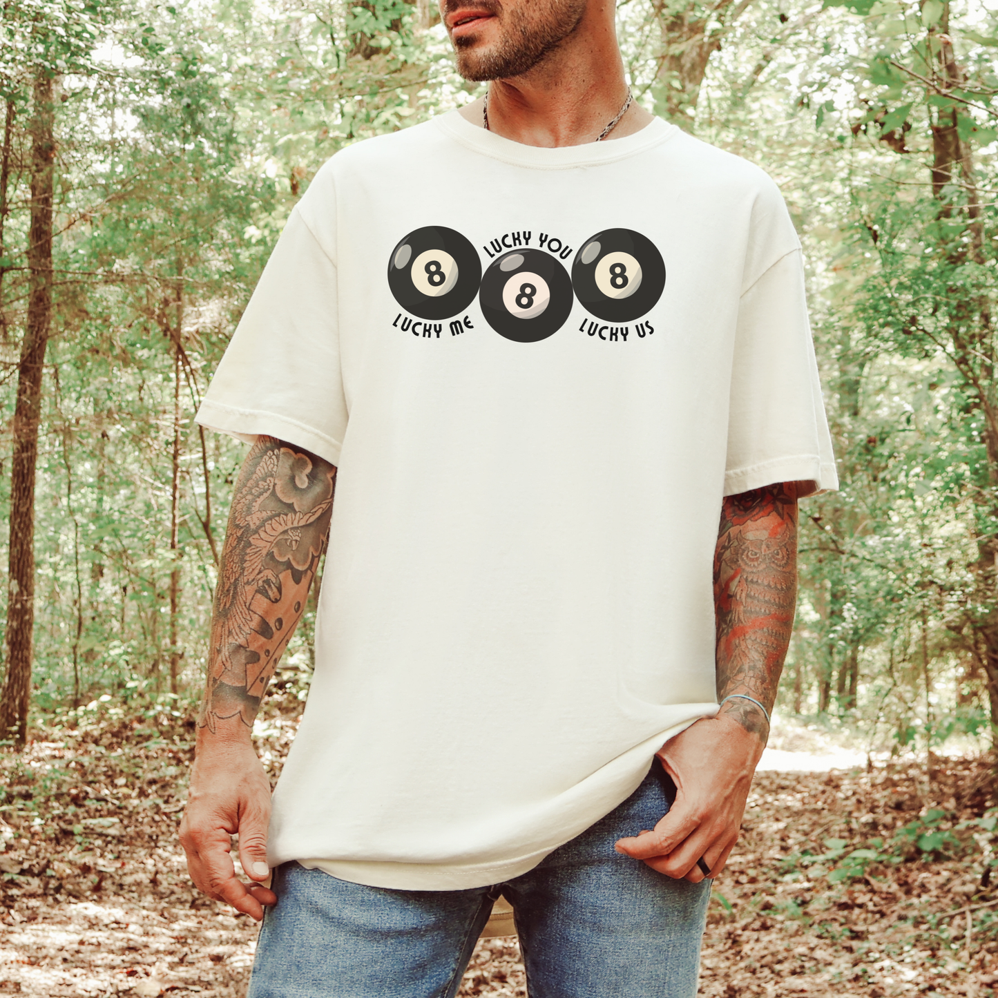 Lucky Me Lucky You Lucky Us couples shirt on Comfort Colors Ivory tee featuring three pool ball graphics and curved retro text. Garment dyed heavyweight cotton gives a soft worn in feel with relaxed unisex sizing. Great gift for husband, wife, fiance, boyfriend, girlfriend, or newly married couples. Fashion forward graphic shirt ideal for casual weekends, vacations, date nights, and year round layered streetwear outfits.