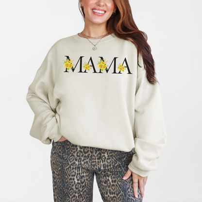 Image: MAMA sunflower sweatshirt , available in white, light pink and ash. This pullover crewneck features the word MAMA in large black block letters with sunflower calligraph accent. A great baby announcement gift or Mothers day present by jaecrece