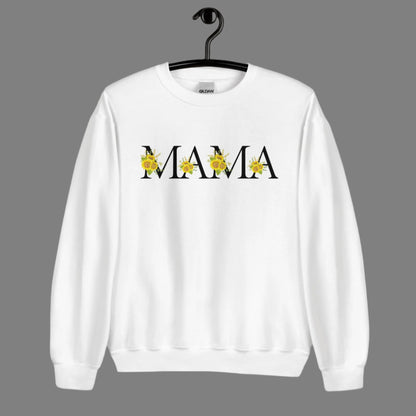 Image: MAMA sunflower sweatshirt ,available in white, light pink and sand. This pullover crewneck features the word MAMA in large black block letters with sunflower calligraph accent. A great baby announcement gift or Mothers day present by jaecrece 