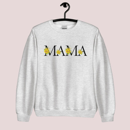 Image: MAMA sunflower crewneck sweatshirt, available in white, light pink and ash. This pullover crewneck features the word MAMA in large black block letters with sunflower calligraph accent. A great baby announcement gift or Mothers day present by jaecrece