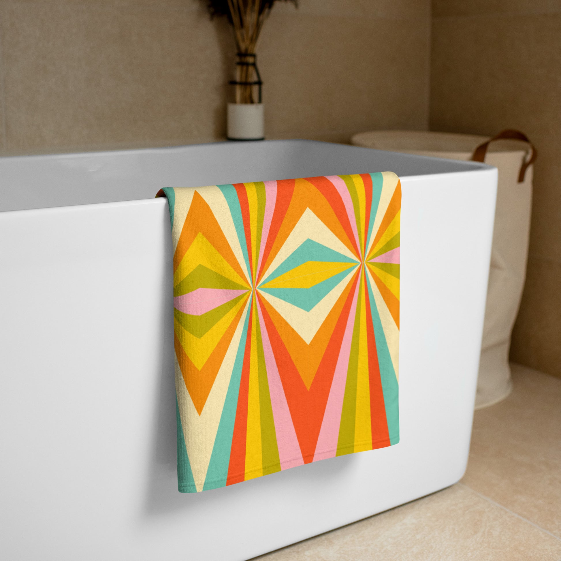 Colorful geometric beach towel inspired by mid century modern art and retro Palm Springs style, soft absorbent pool towel perfect for beach vacations, lake trips, spa days, and summer lounging, vibrant vintage inspired summer accessory for retro design lovers. Mid Century Modern Bold Geometric Graphic Beach towel, in red, orange, green, teal, yellow and white. A perfect unique must have accessory for your next family vacation, by jaecrece.com