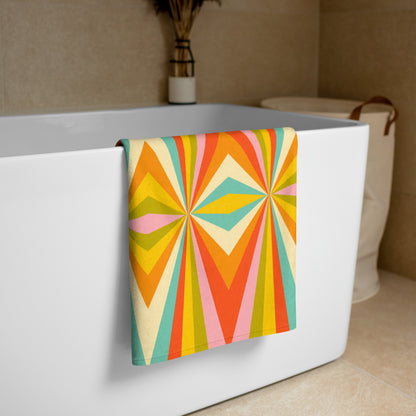 Colorful geometric beach towel inspired by mid century modern art and retro Palm Springs style, soft absorbent pool towel perfect for beach vacations, lake trips, spa days, and summer lounging, vibrant vintage inspired summer accessory for retro design lovers. Mid Century Modern Bold Geometric Graphic Beach towel, in red, orange, green, teal, yellow and white. A perfect unique must have accessory for your next family vacation, by jaecrece.com