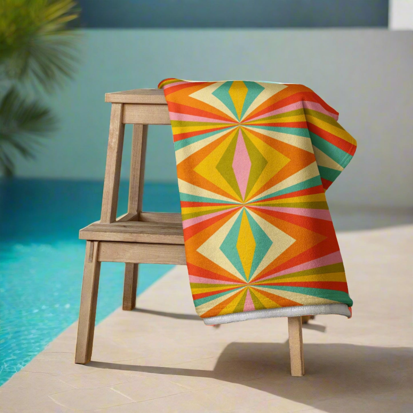 Mid century modern beach towel with bold geometric retro pattern, soft absorbent cotton blend towel designed for beach days, poolside lounging, cruise vacations, and summer travel, colorful retro beach accessory for vintage design fans and modern geometric decor lovers. Mid Century Modern Bold Geometric Graphic Beach towel, in red, orange, green, teal, yellow and white. A perfect unique must have accessory for your next family vacation, by jaecrece.com