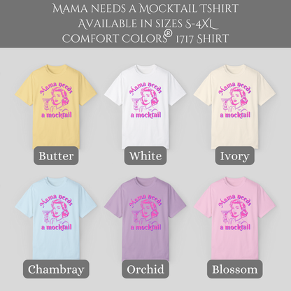 Image: All 6 colors that are available in this design- Butter, White, Ivory, Chambray, Orchid and Blossom. This retro pop art Mama Needs a Mocktail tee combines humor and style with a hot pink neon design of a vintage mom holding a cocktail glass. Printed on soft Comfort Colors fabric in six stylish shades, this shirt makes a fun gift for expecting mothers, sober curious friends, or those celebrating their recovery journey. A perfect way to show support for mindful drinking choices, by jaecrece.