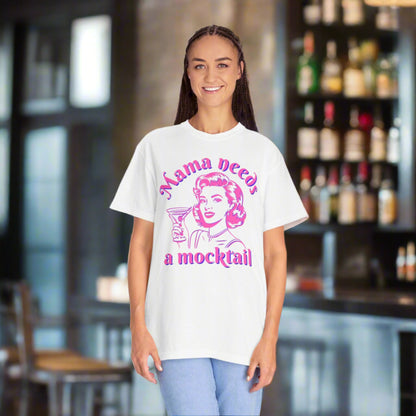 Image: Comfort Colors Mama Needs a Mocktail t-shirt, designed with a hot pink neon pop art style mom raising a glass. A witty and playful way to support a sober lifestyle, this tee is available in six fashionable colors. It makes a great gift for a mom-to-be, a friend celebrating a soberversary, or anyone who enjoys alcohol free fun. Soft, stylish, and perfect for any casual occasion, by jaecrece.
