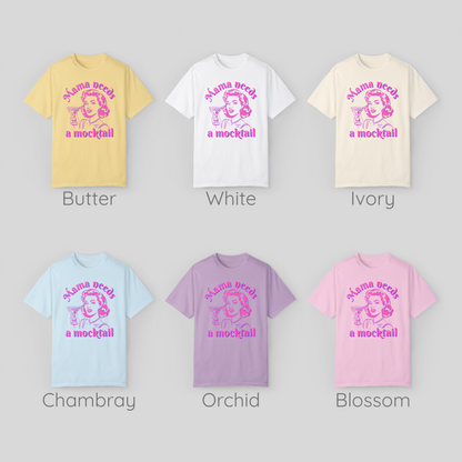 Image: All 6 colors that are available in this design- Butter, White, Ivory, Chambray, Orchid and Blossom. This retro pop art Mama Needs a Mocktail tee combines humor and style with a hot pink neon design of a vintage mom holding a cocktail glass. Printed on soft Comfort Colors fabric in six stylish shades, this shirt makes a fun gift for expecting mothers, sober curious friends, or those celebrating their recovery journey. A perfect way to show support for mindful drinking choices, by jaecrece.