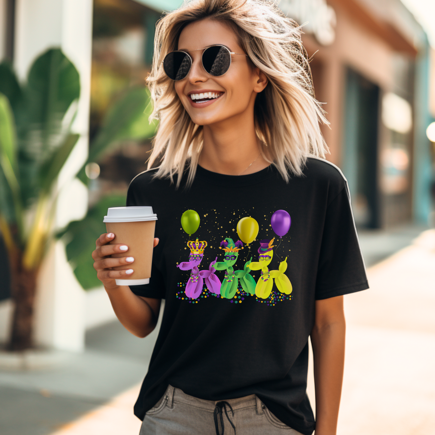 Channel NOLA magic with this fun balloon dog Mardi Gras shirt featuring gold, green, and purple pups on a soft black tee. A must-have for French Quarter walks or Carnival street parties, this vibrant and unique design adds playful flair to any festive outfit. Ideal for New Orleans locals or Fat Tuesday travelers looking for bold, stylish apparel.