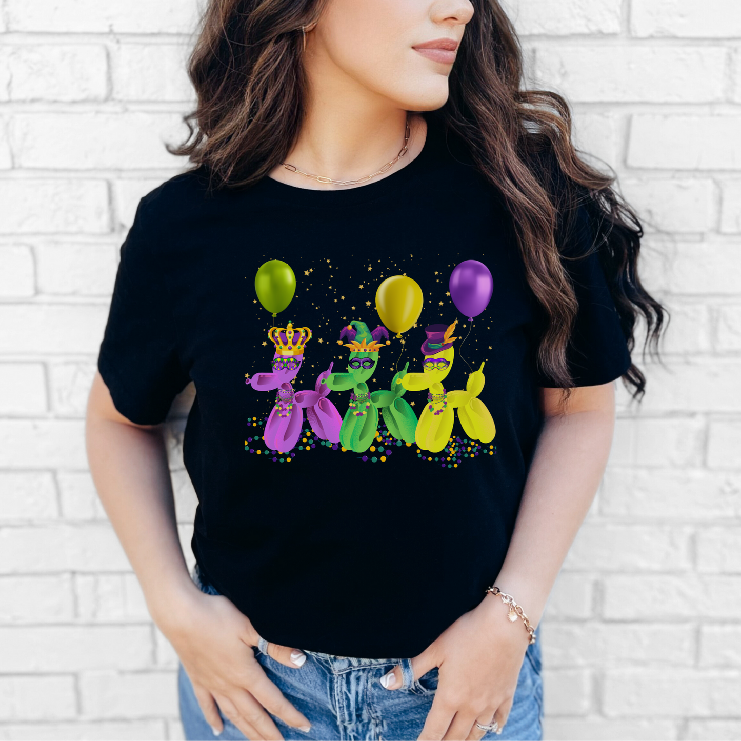 Unleash your playful side with this Mardi Gras Balloon Dog T-shirt in black, decorated with purple, green, and gold balloon dogs surrounded by floating confetti. Inspired by the energy of New Orleans Carnival celebrations and French Quarter flair, this bold graphic tee is perfect for parade season, NOLA tourists, or fans of festive dog art with a party vibe.